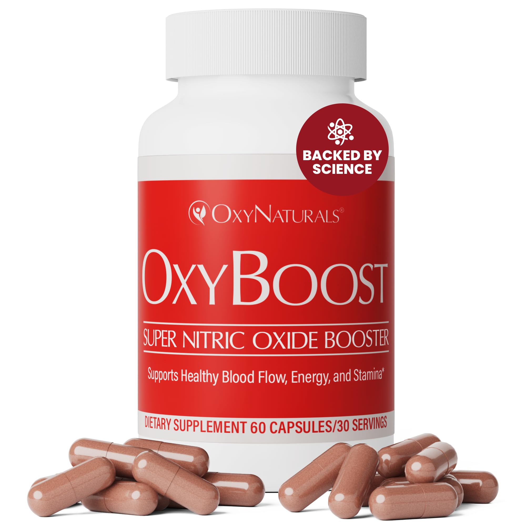 OxyNaturals OxyBoost bottle front view highlighting nitric oxide support for circulation