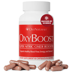 OxyNaturals OxyBoost bottle front view highlighting nitric oxide support for circulation