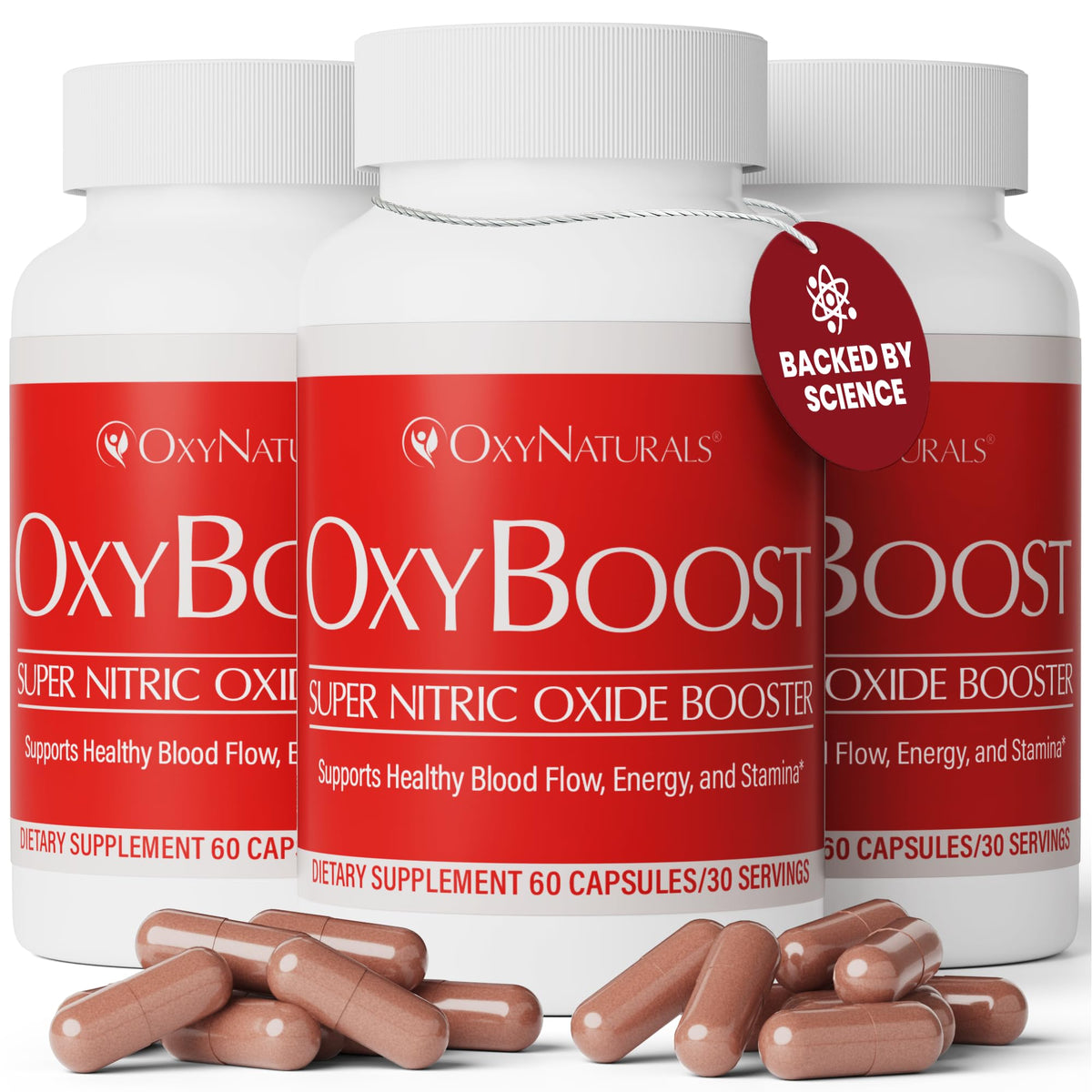 OxyNaturals OxyBoost bottle front shows natural energy and circulation support benefits.