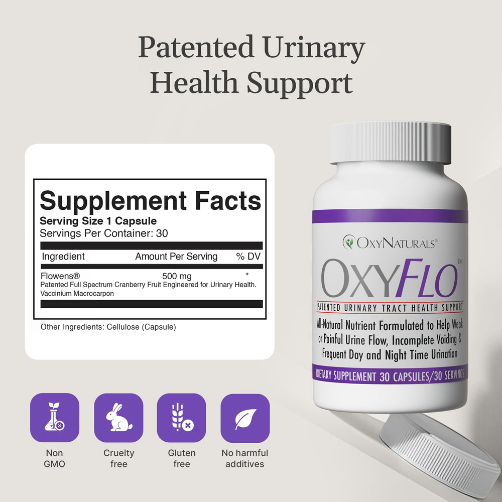 OxyNaturals OxyFlo capsules close-up highlighting cranberry-based formula.
