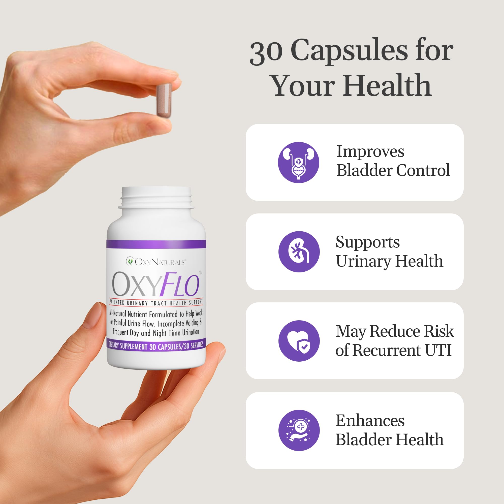 OxyNaturals OxyFlo label closeup noting Flowens for bladder comfort