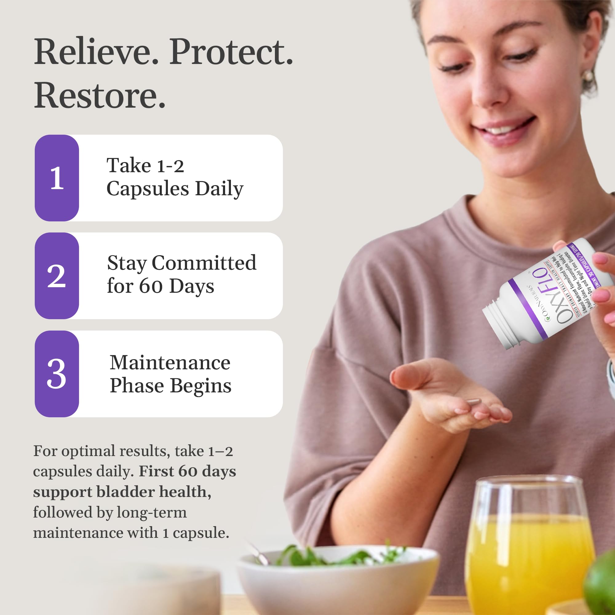 OxyNaturals OxyFlo dosage card with daily use reminder