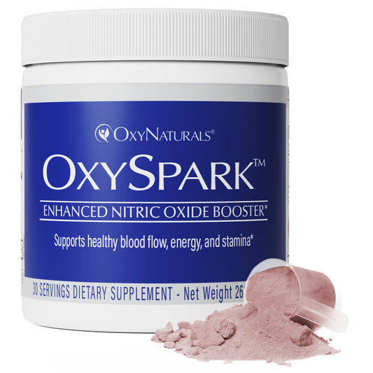 OxySpark bottle-front view highlighting a premium nitric oxide supplement for steady energy