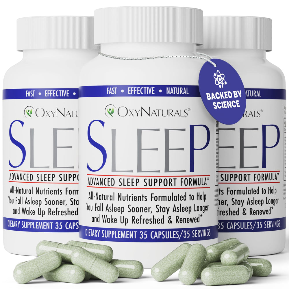 OxyNaturals Sleep bottle front promotes a calm nighttime routine.