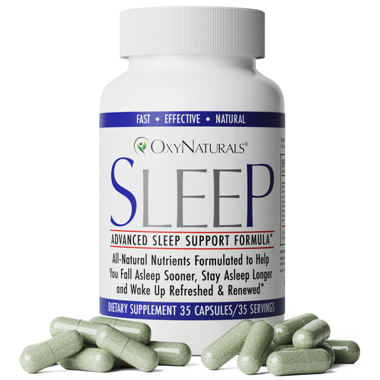 OxyNaturals Sleep bottle on nightstand promotes a calming nighttime routine