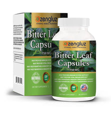 Ozengluz Bitter Leaf Capsules bottle back view shows 60 capsules for daily wellness.