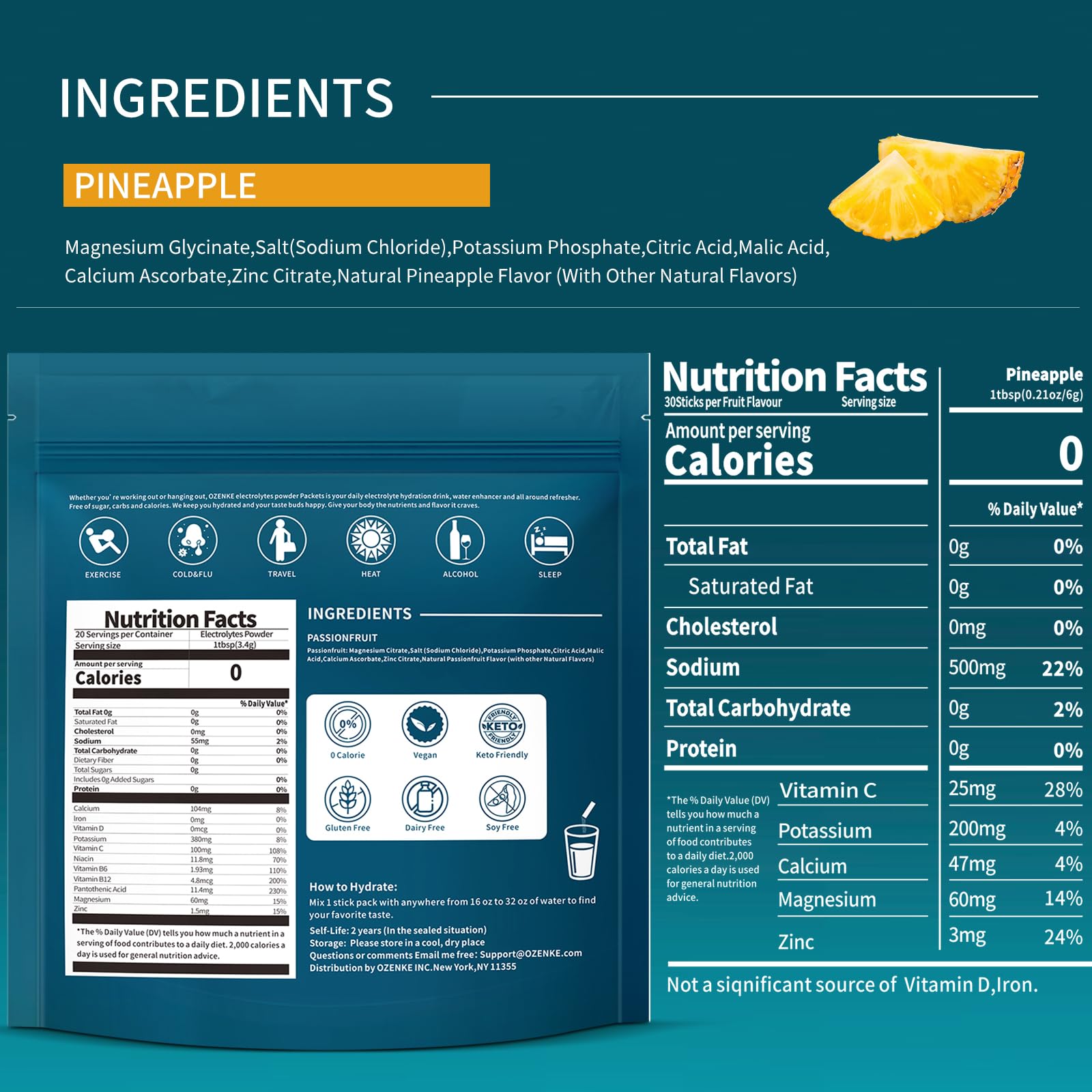 OZENKE electrolyte packets designed for quick, portable hydration.