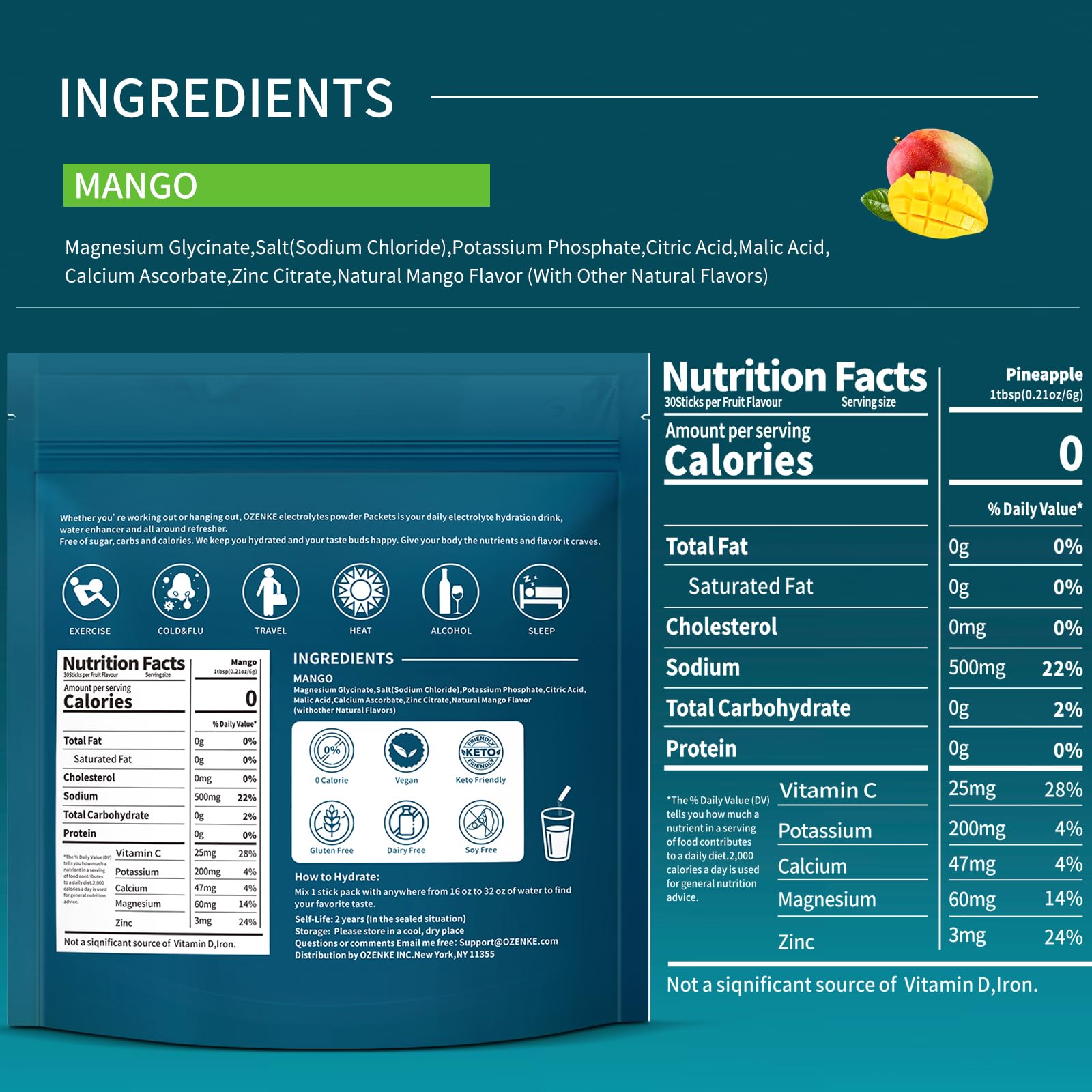 OZENKE Mango electrolytes packet dissolving in water for quick hydration.