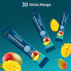 OZENKE Mango electrolytes packet beside a glass of ice water for refreshing hydration.