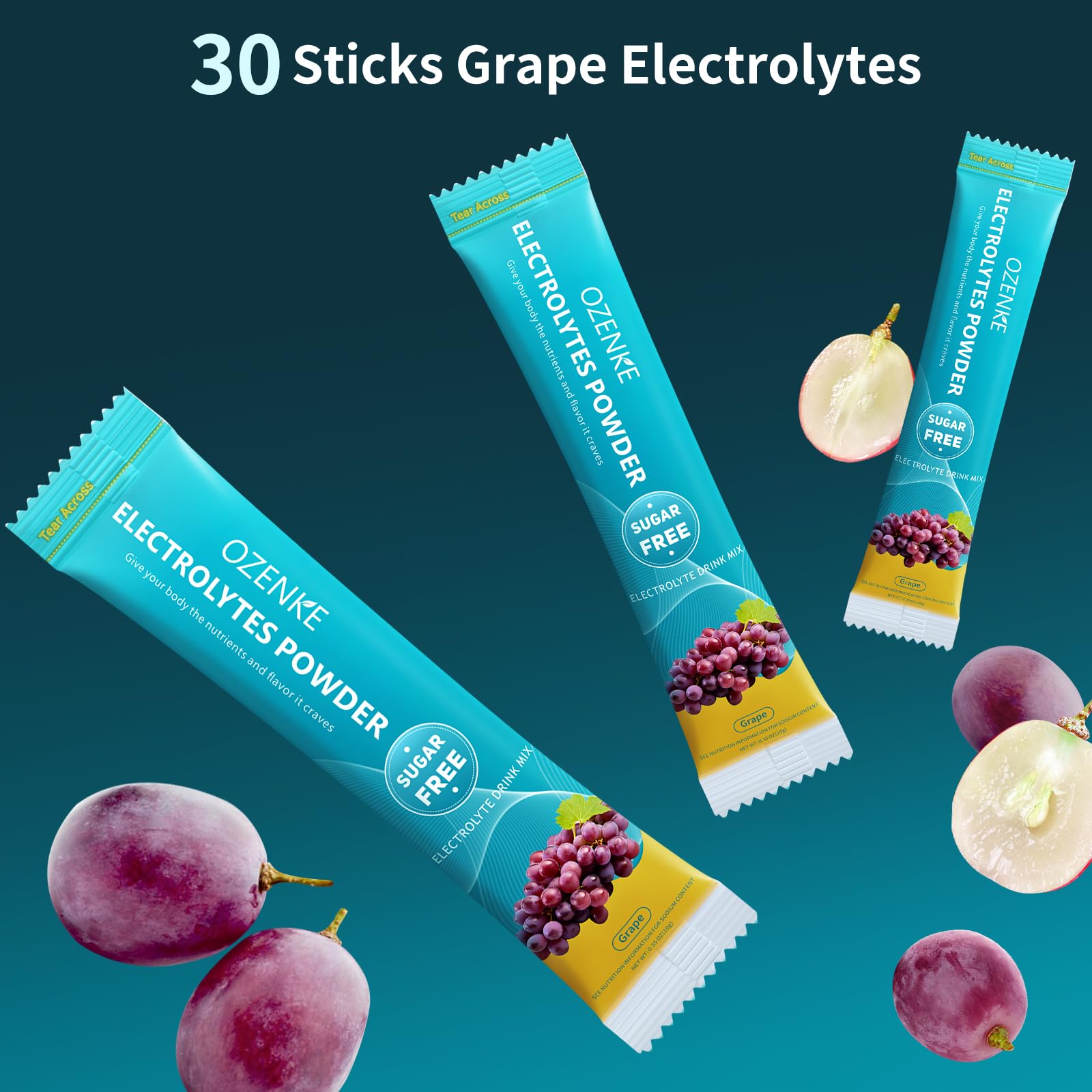 OZENKE electrolyte mix in grape, pour into water for a refreshing drink