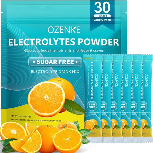 OZENKE electrolytes packets orange front view for quick hydration on the go.