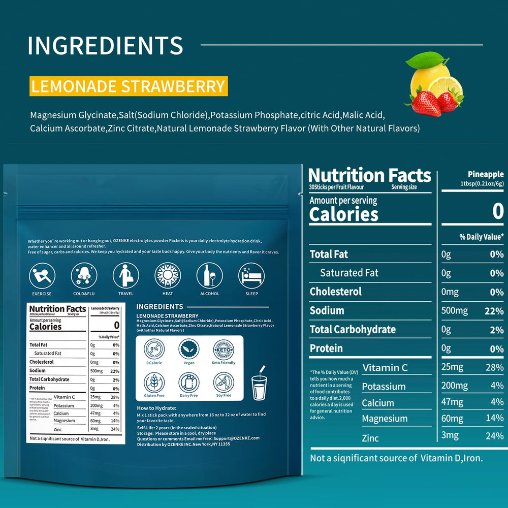 OZENKE strawberry electrolyte sticks offering sugar-free hydration on the go