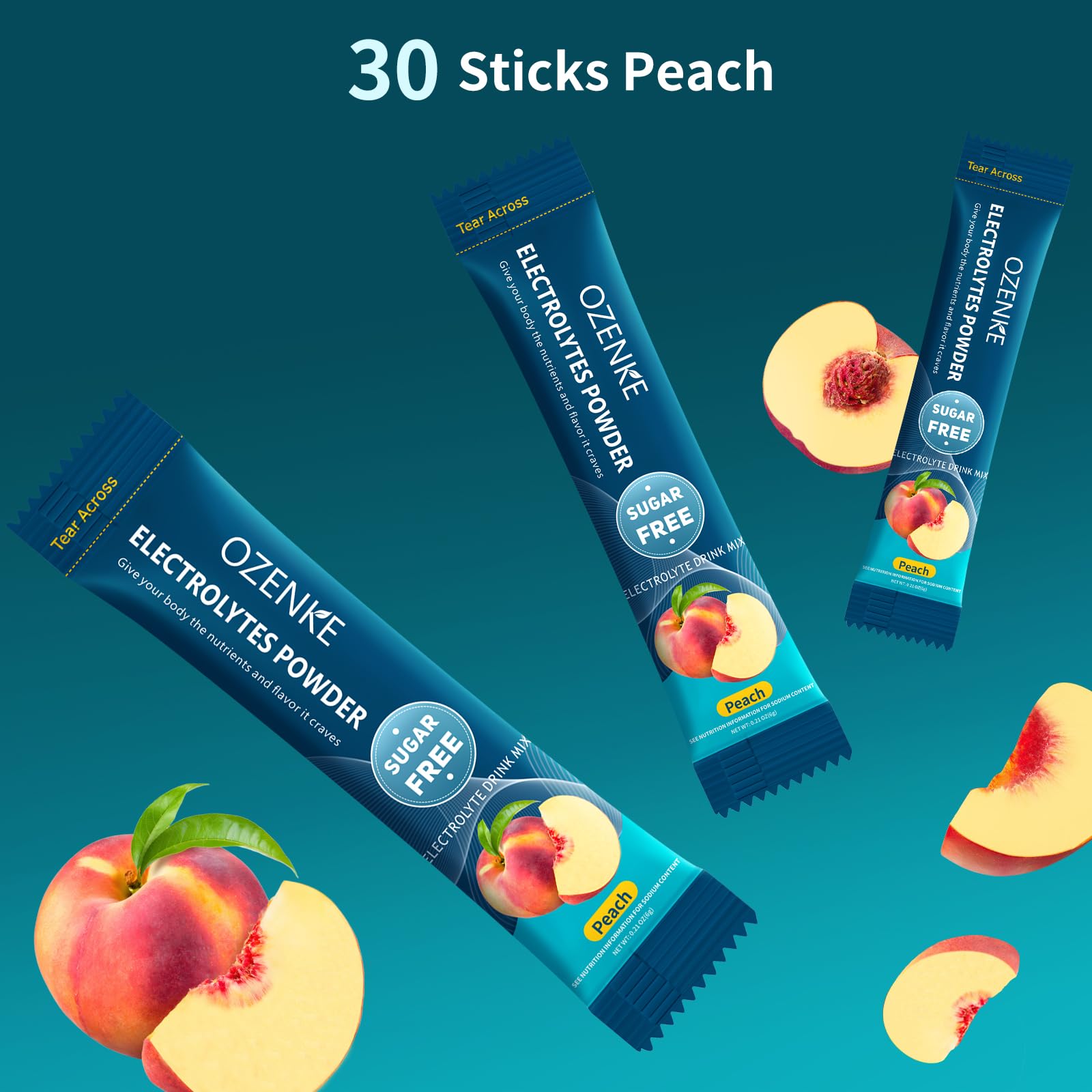 OZENKE peach flavor liquid mix beside a glass for mixing