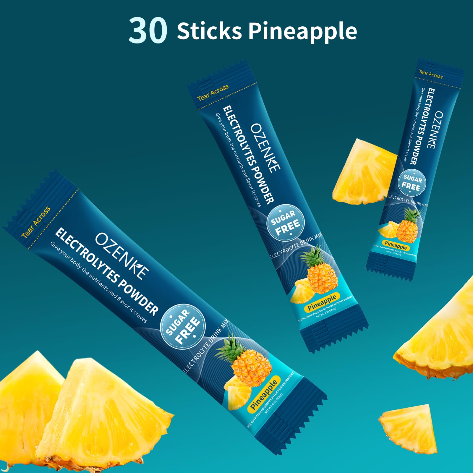 OZENKE pineapple electrolyte powder dissolves in water for fast refreshment.