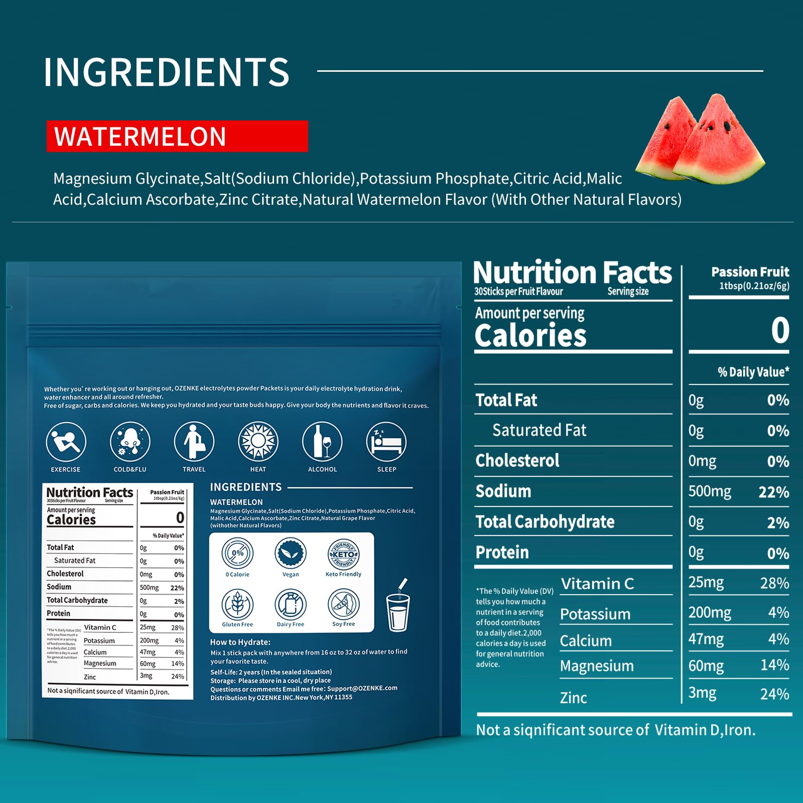 OZENKE Watermelon electrolyte stick open shows quick dissolution and flavor.