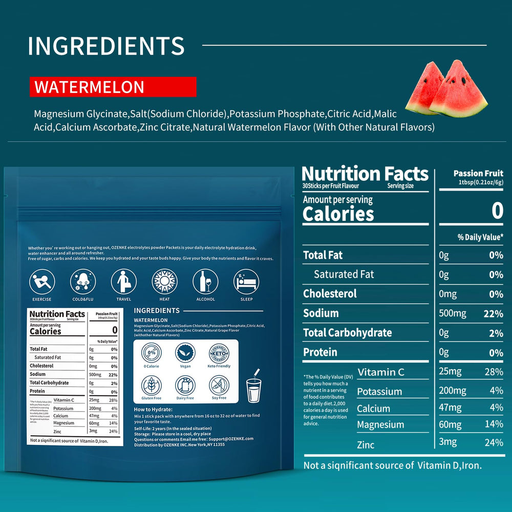 OZENKE Watermelon electrolyte stick open shows quick dissolution and flavor.