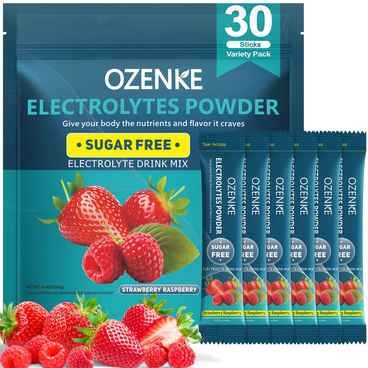 OZENKE 30 sticks electrolyte packets with strawberry-raspberry flavor for quick hydration