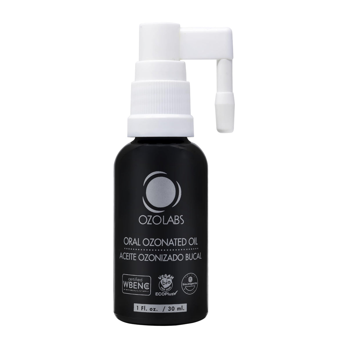 OZOLABS Oral Ozonated Formula bottle showing pure ozone oil for gum support and daily care