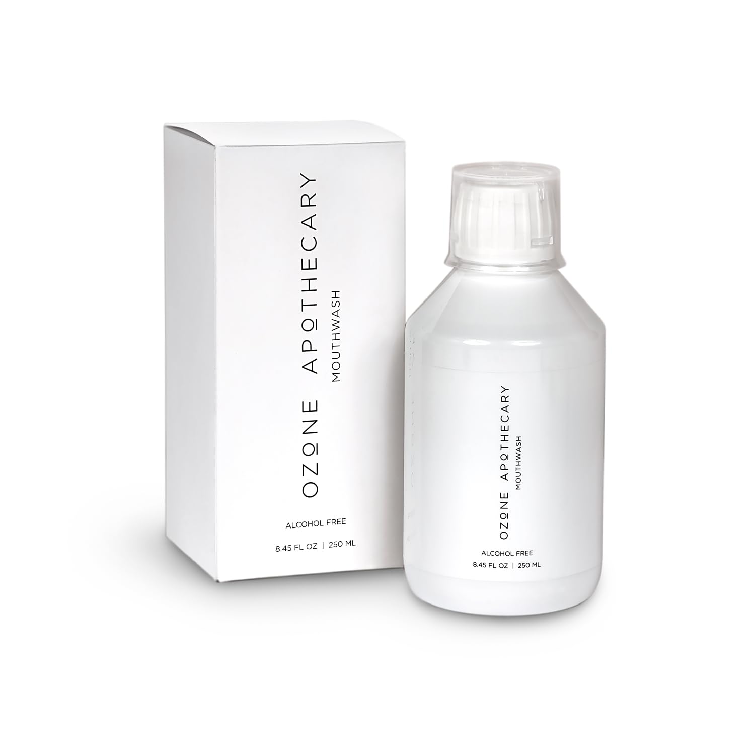 Ozone Apothecary Mouthwash bottle pouring for a fresh breath routine.