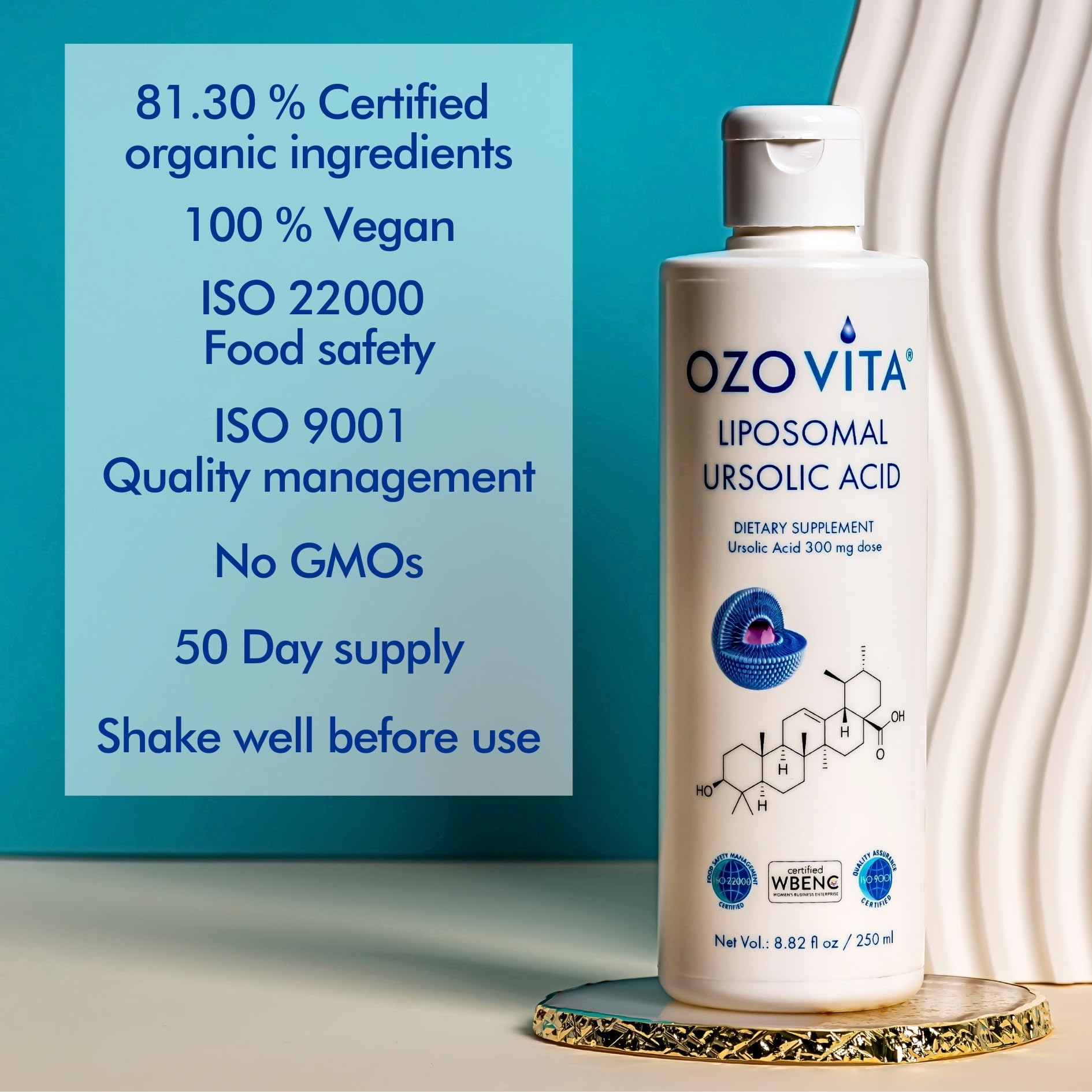 OZOVITA bottle label close-up emphasizes purity and quality controls.