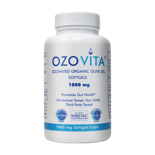 OZOVITA ozonated olive oil softgel bottle showing a 60-count supply for immune and gut support