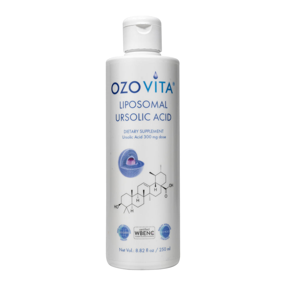 OZOVITA liposomal ursolic acid bottle showcases premium cellular support.