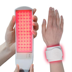 P PEACH TECH Salus red light therapy device on the wrist showing gentle warmth benefits