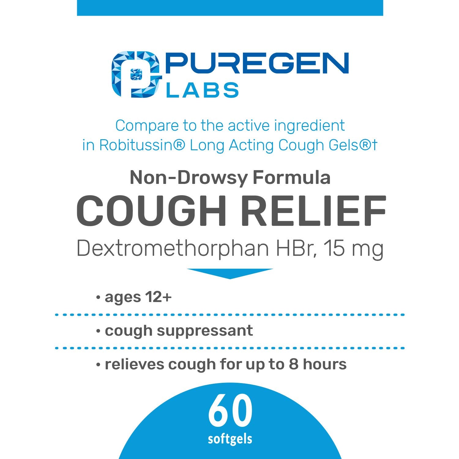 P Puregen Labs cough relief 8-hour softgels close-up for sustained adult relief.