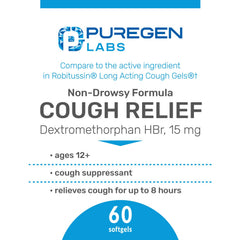 P Puregen Labs cough relief 8-hour softgels close-up for sustained adult relief.