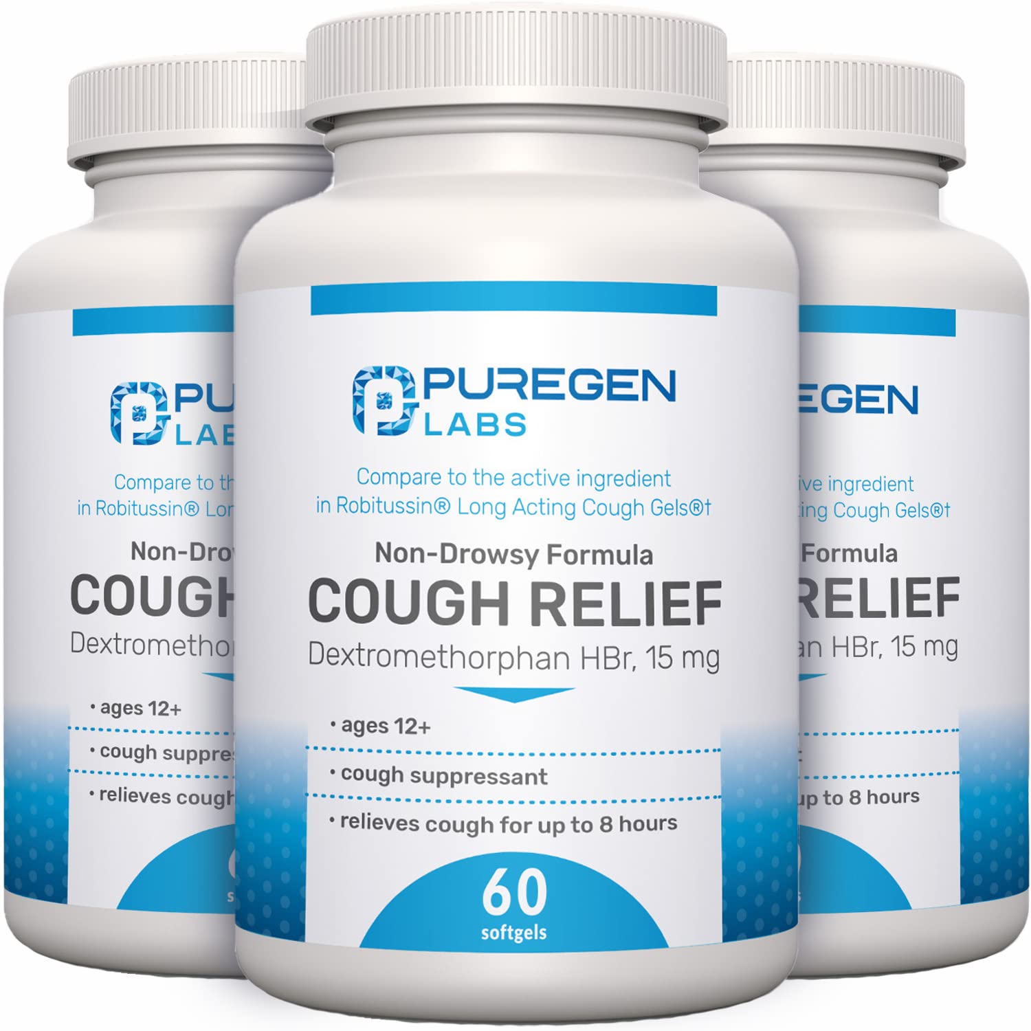 P Puregen Labs Cough Relief softgels bottle for adult use, up to 8 hours.