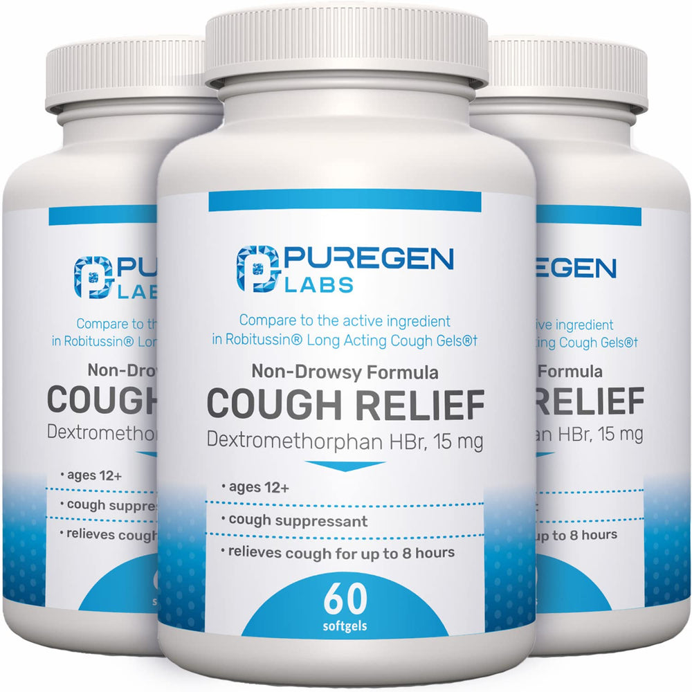 P Puregen Labs Cough Relief softgels bottle for adult use, up to 8 hours.