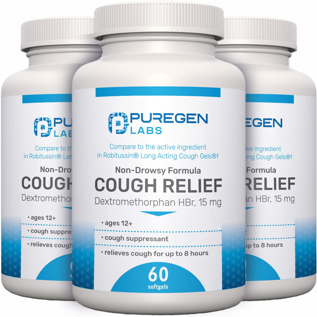 P Puregen Labs Cough Relief softgels bottle for adult use, up to 8 hours.