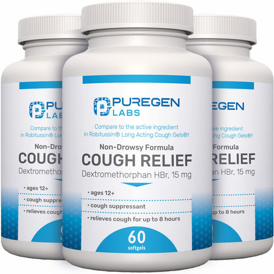 P Puregen Labs Cough Relief softgels bottle for adult use, up to 8 hours.