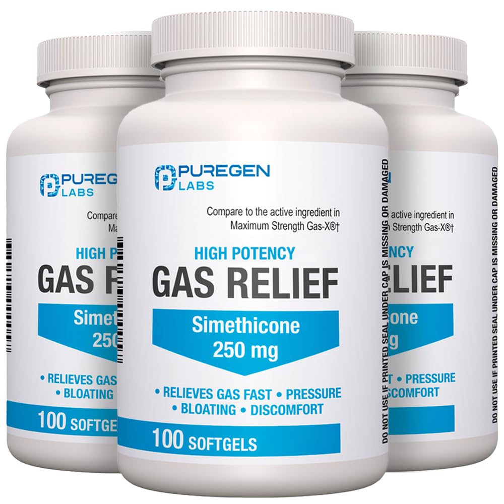 P Puregen Labs gas relief softgels bottle for easy on-the-go relief.