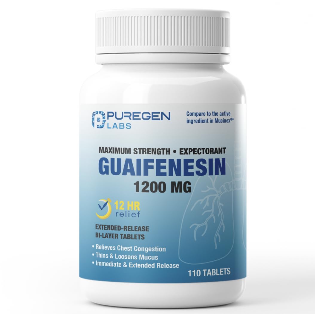 P Puregen Labs Mucus Relief bottle with label highlighting 1200 mg per tablet and extended-release formula