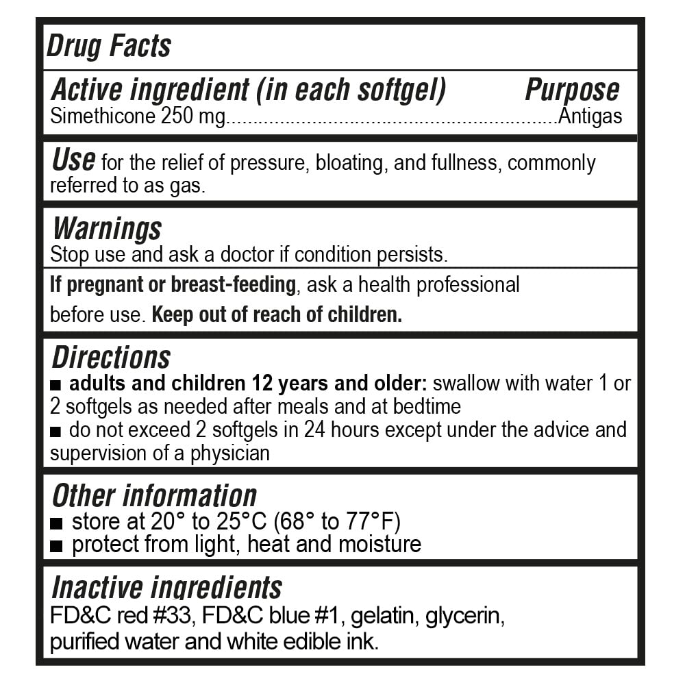 P Puregen Labs 250 mg simethicone softgels close-up showing fast relief potential.