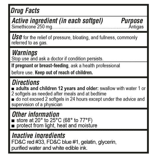P Puregen Labs 250 mg simethicone softgels close-up showing fast relief potential.