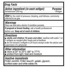 P Puregen Labs 250 mg simethicone softgels close-up showing fast relief potential.