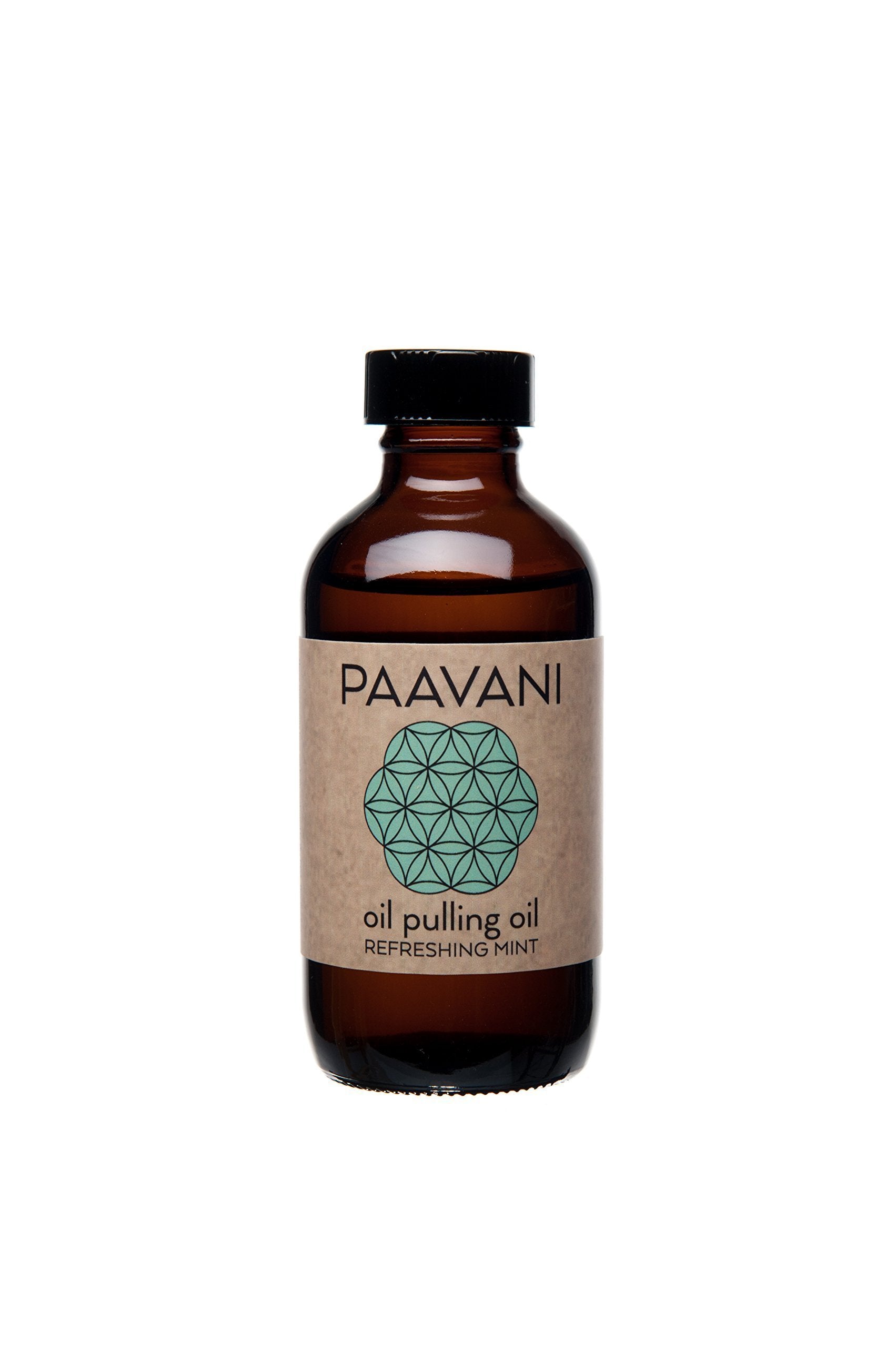 Paavani coconut mint pulling oil bottle promotes fresh breath.