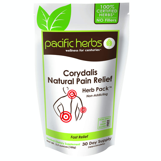 Pacific Herbs Corydalis bottle front label indicating heritage and quality.