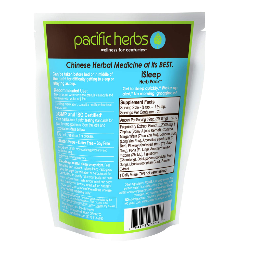 Pacific Herbs iSleep bottle and label showing natural, potent herbal blend.
