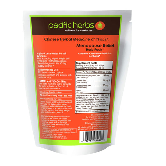 Pacific Herbs Menopause Relief Pack granules close-up for pure herbal extract.