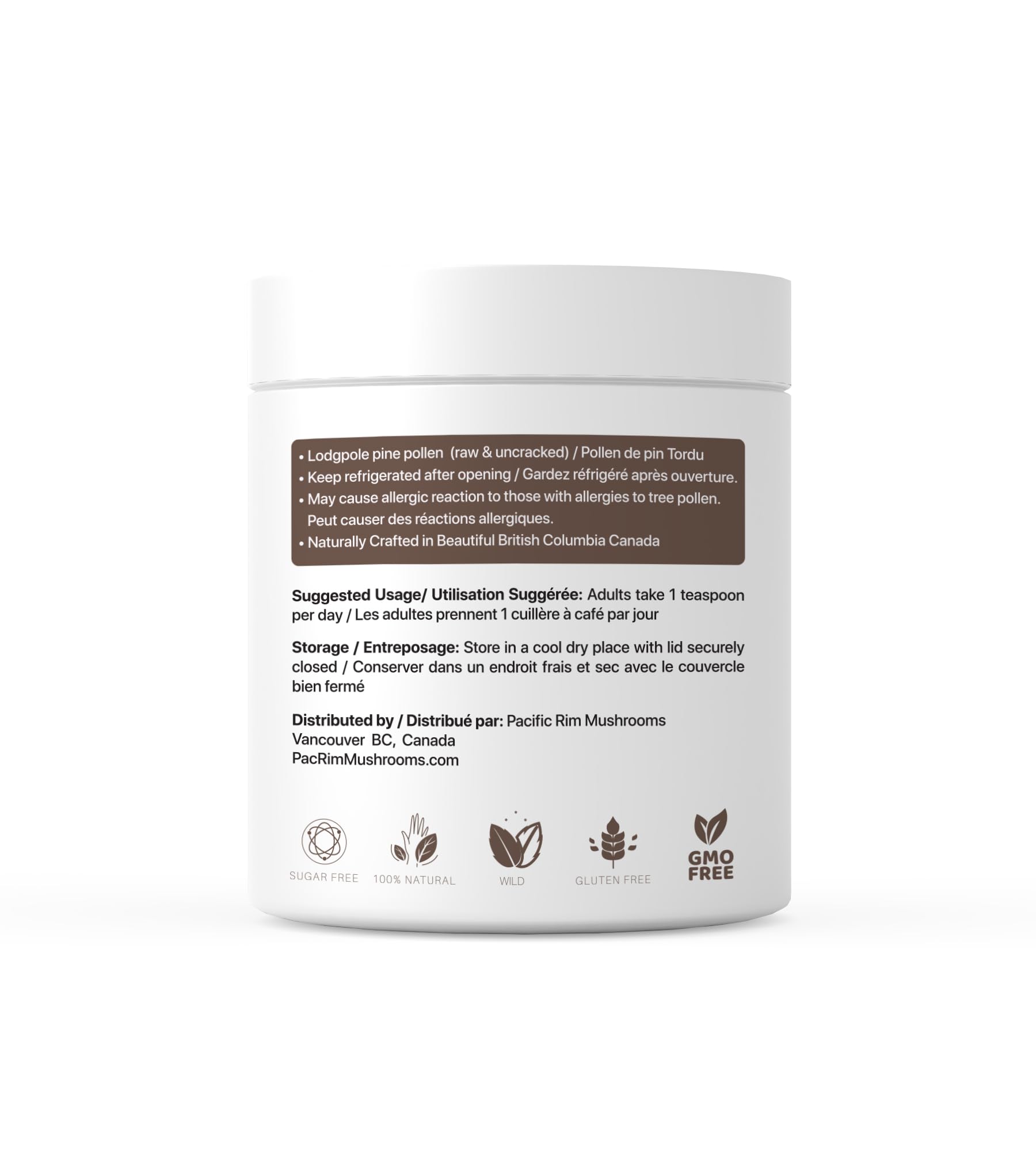 Pacific Rim Mushrooms Non-cracked Pine Pollen packaging protects quality.