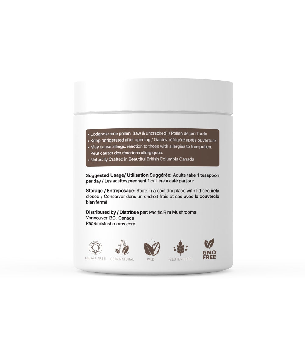 Pacific Rim Mushrooms Non-cracked Pine Pollen packaging protects quality.