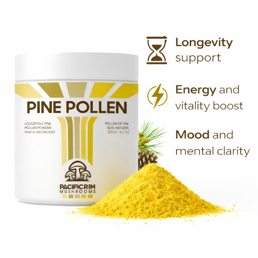 Pacific Rim Mushrooms Pine Pollen Powder dispense, easy smoothie prep.