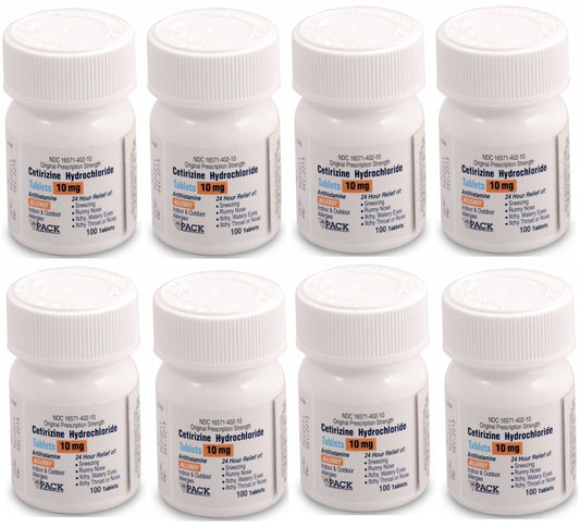 Pack Pharmaceuticals Cetirizine 10 mg bottle on a clean label, ready for daily allergy relief.