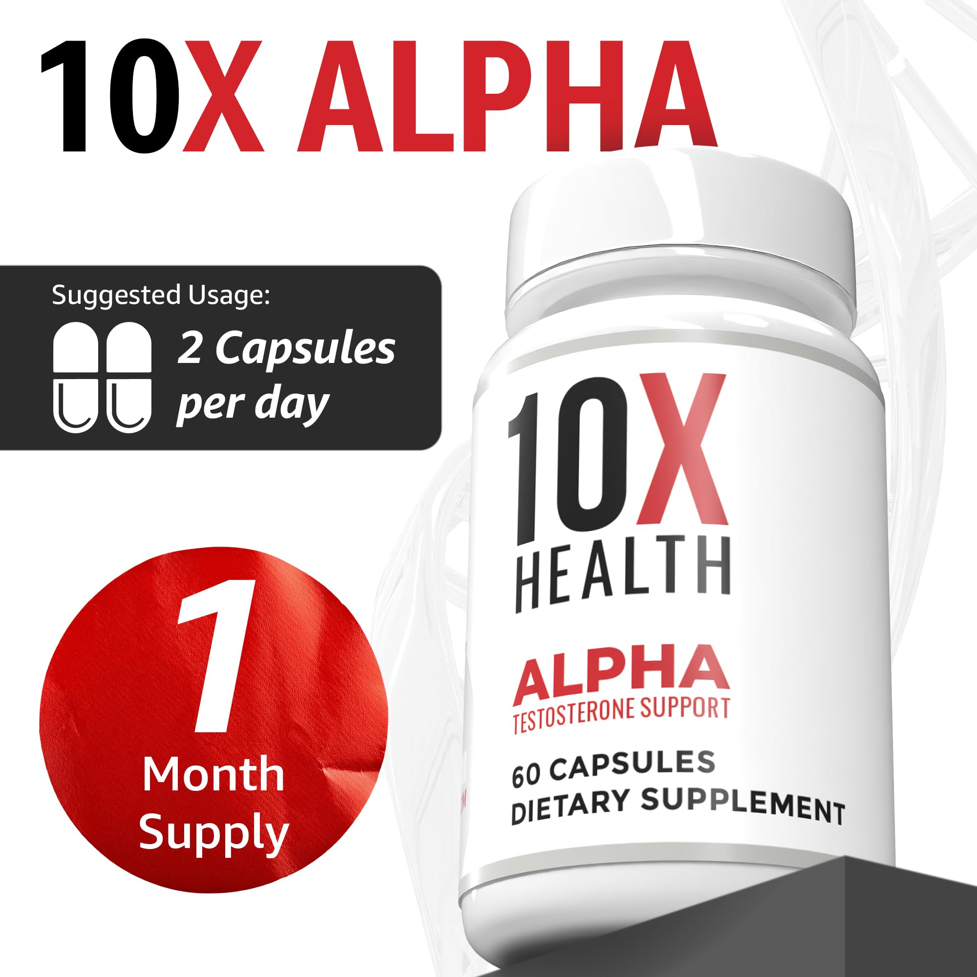 Packaging box on shelf, 10X Health Alpha quality and safety.