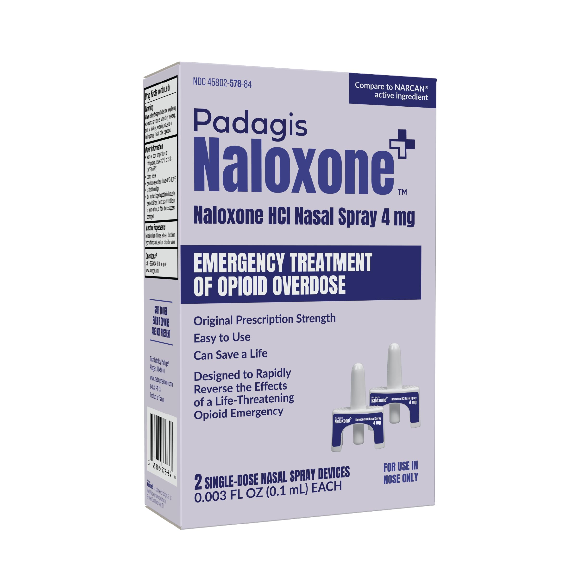Padagis Naloxone nasal spray compact pack ready for emergencies