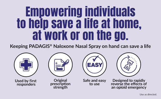 Padagis Naloxone nasal spray emergency-use device for quick access