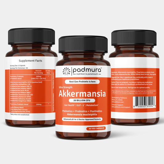 PADMURA Akkermansia capsules close-up showing vegetarian form